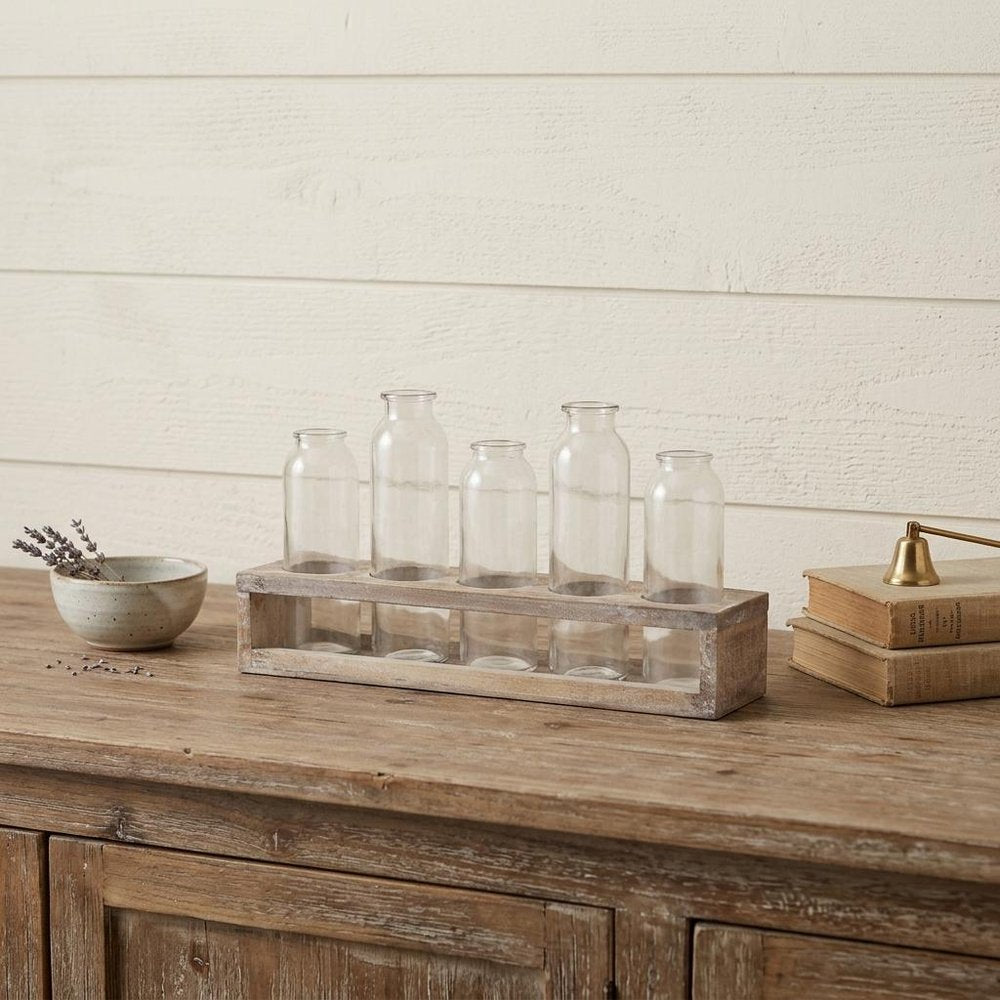 Set of Five Clear Cylinder Glass Decorative Bottles