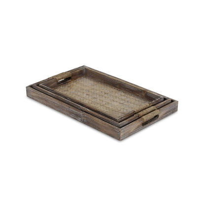 Set of Three Brown Rectangular Wood Handmade Serving Tray With Handles
