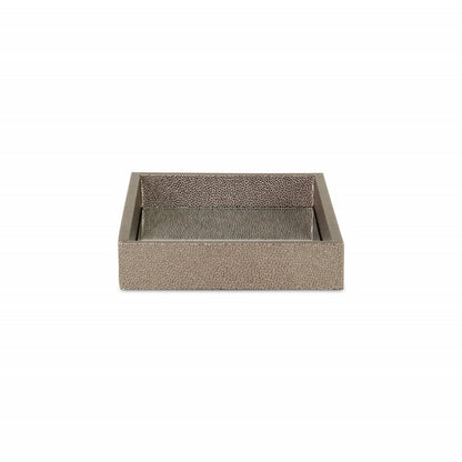 10" Gray Mirrored Glass And Wood Faux Shagreen Vanity Tray