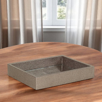10" Gray Mirrored Glass And Wood Faux Shagreen Vanity Tray