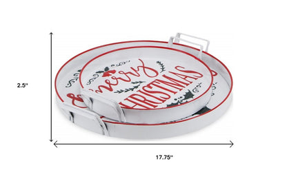 Set of Two White Round Metal Christmas Handmade Serving Tray With Handles