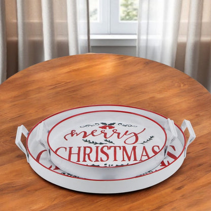 Set of Two White Round Metal Christmas Handmade Serving Tray With Handles