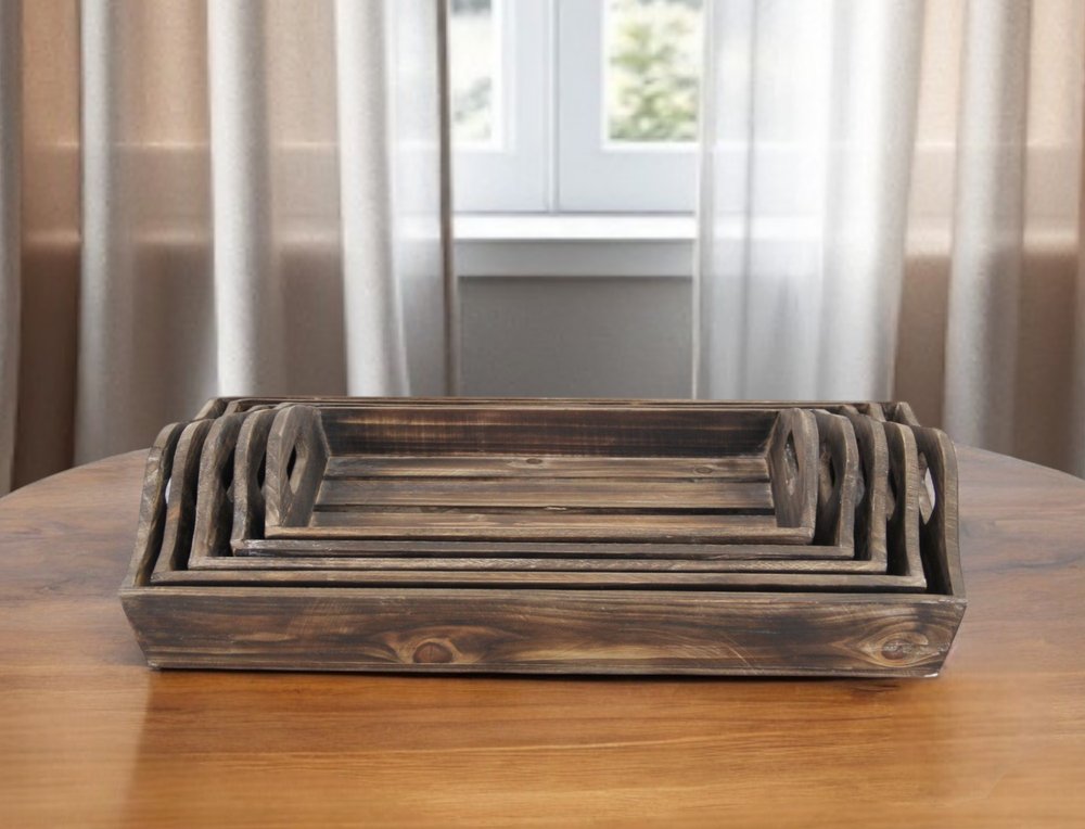Set Of 5 Rustic Natural Brown Wood Handmade Trays With Handles