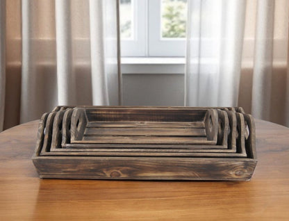 Set Of 5 Rustic Natural Brown Wood Handmade Trays With Handles
