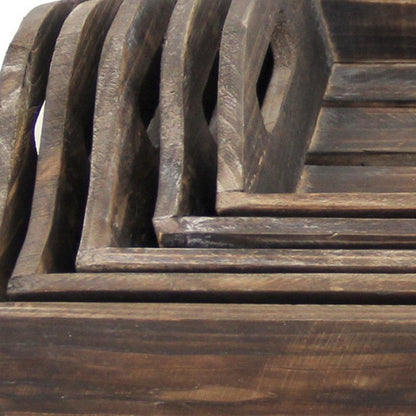 Set Of 5 Rustic Natural Brown Wood Handmade Trays With Handles