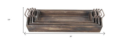 Set of Four Brown Wood Handmade Serving Tray With Handles