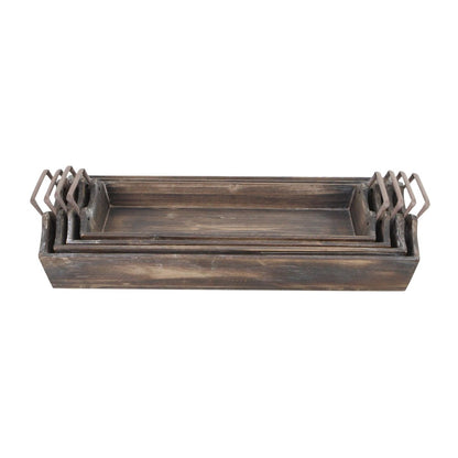 Set of Four Brown Wood Handmade Serving Tray With Handles