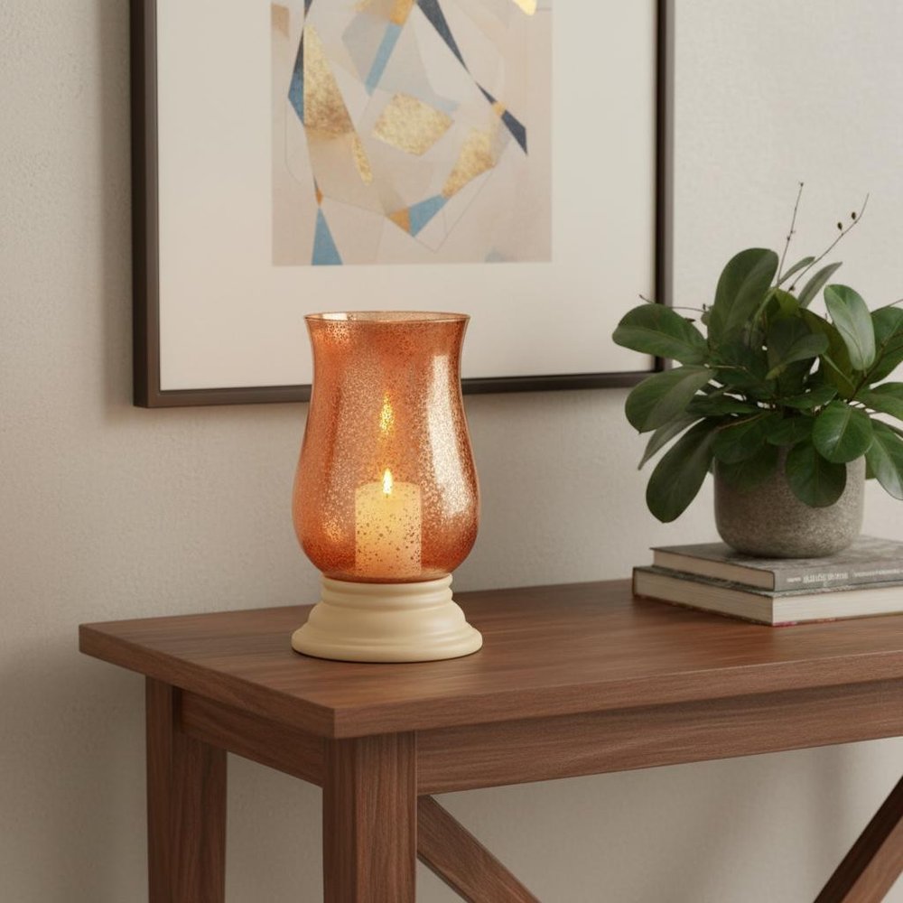 14" Coral Glass Centerpiece Hurricane Candle Holder With Candle