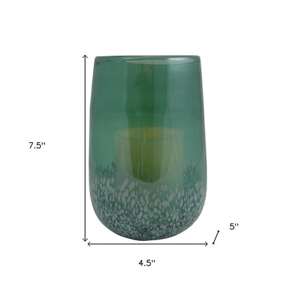 8" Green And White Glass Tabletop Hurricane Candle Holder With Candle