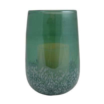 8" Green And White Glass Tabletop Hurricane Candle Holder With Candle
