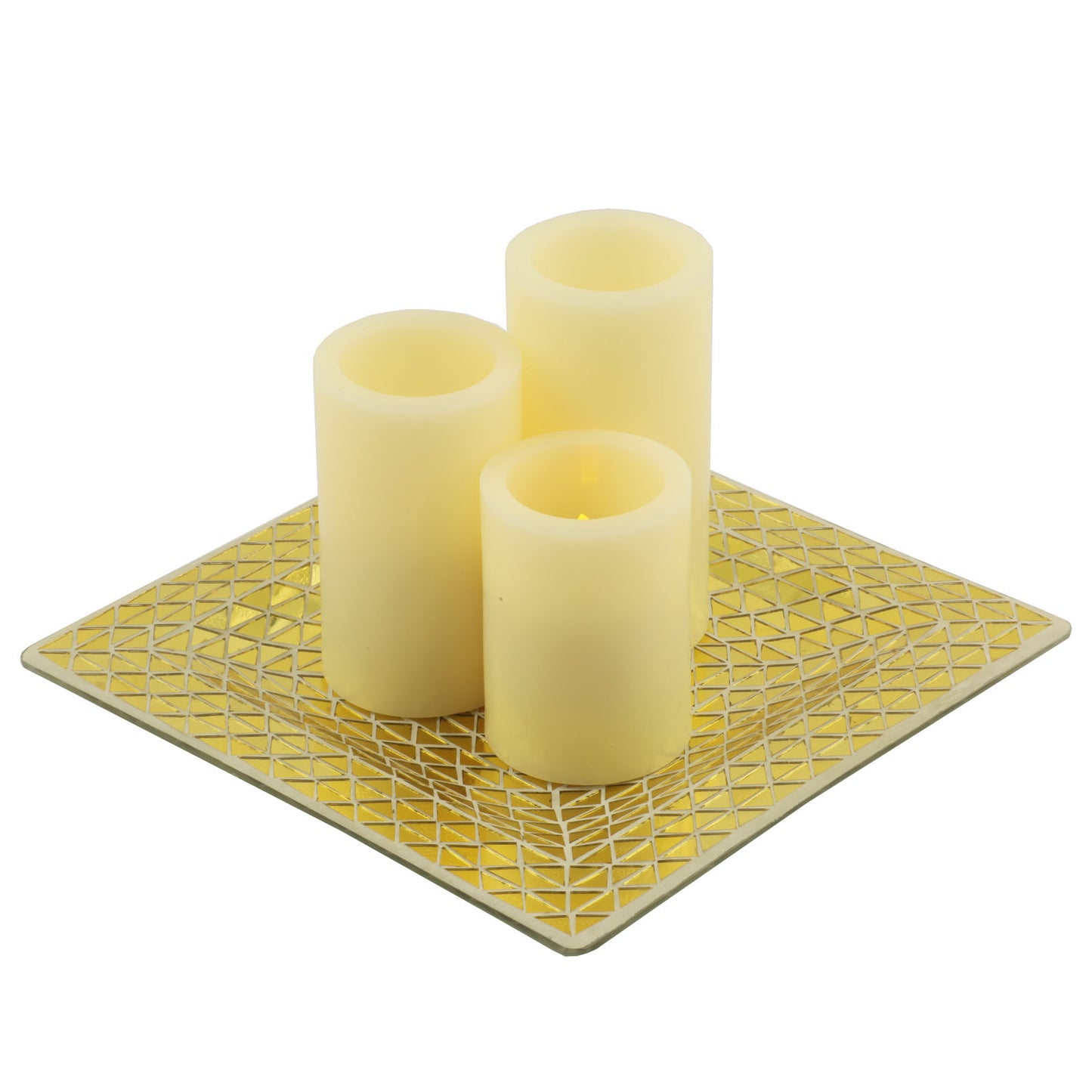 Set of Three Ivory Flameless Pillar Candles With Gold Tray Holder