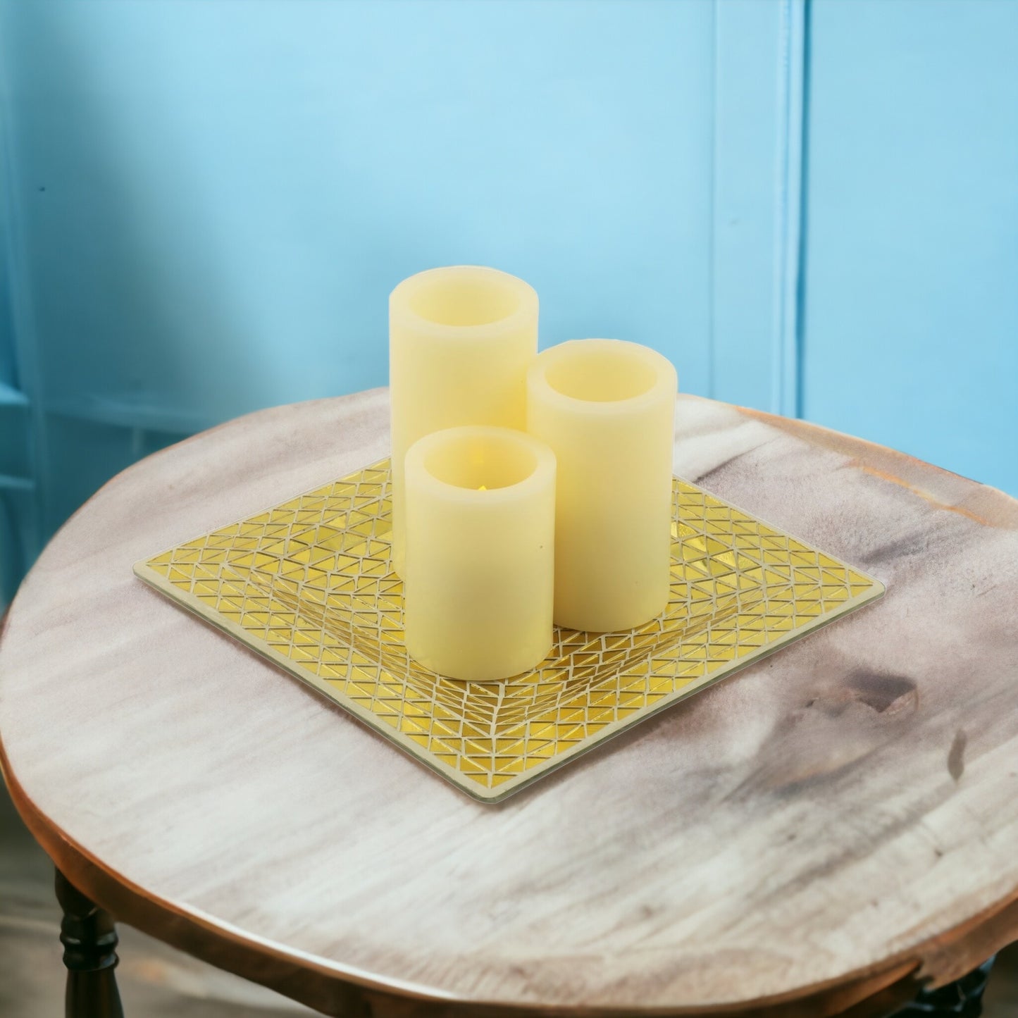 Set of Three Ivory Flameless Pillar Candles With Gold Tray Holder