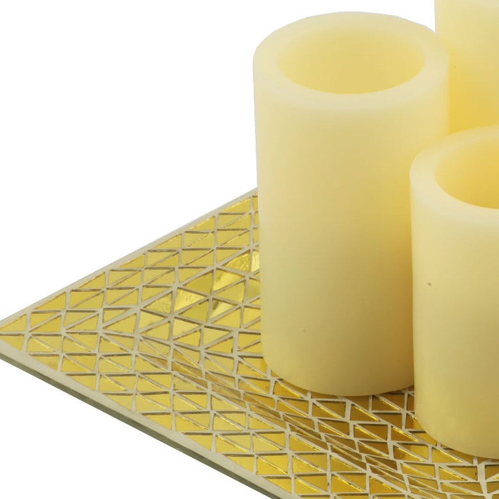 Set of Three Ivory Flameless Pillar Candles With Gold Tray Holder