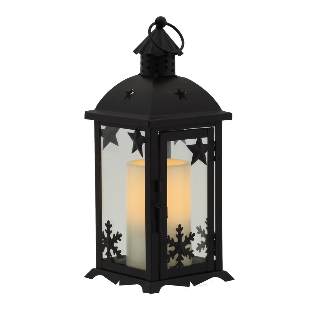 12" Black Ornate Glass And Metal Centerpiece Lantern Candle Holder With Candle