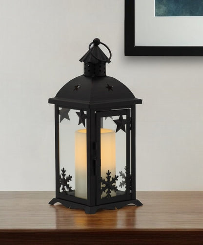 12" Black Ornate Glass And Metal Centerpiece Lantern Candle Holder With Candle