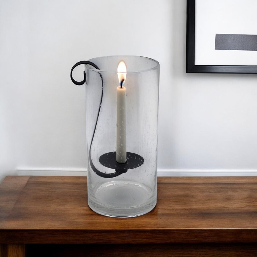 12" Light Gray Glass Centerpiece Taper Candle Holder With Candle