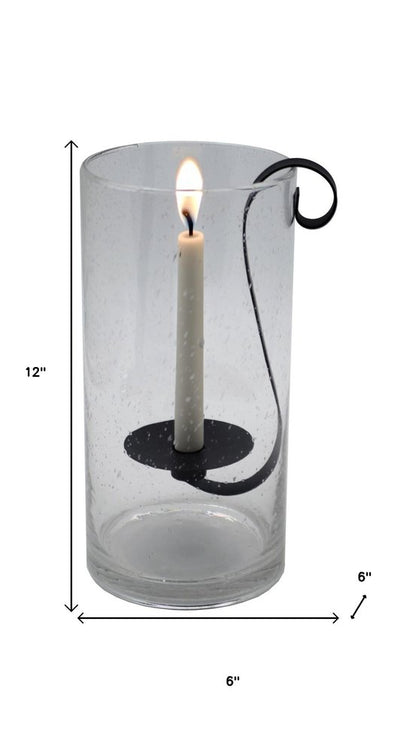 12" Light Gray Glass Centerpiece Taper Candle Holder With Candle