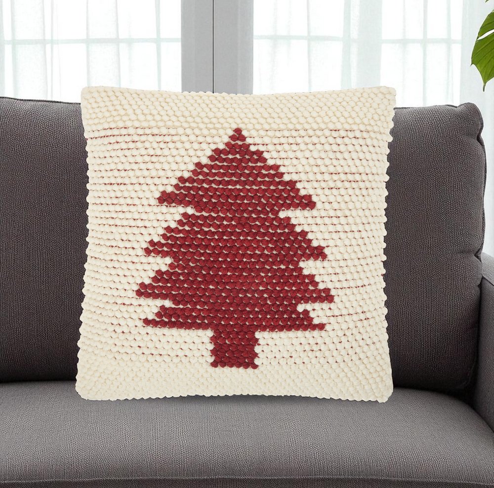20" X 20" Ivory And Red Zippered Handmade Polyester Christmas Tree Throw Pillow