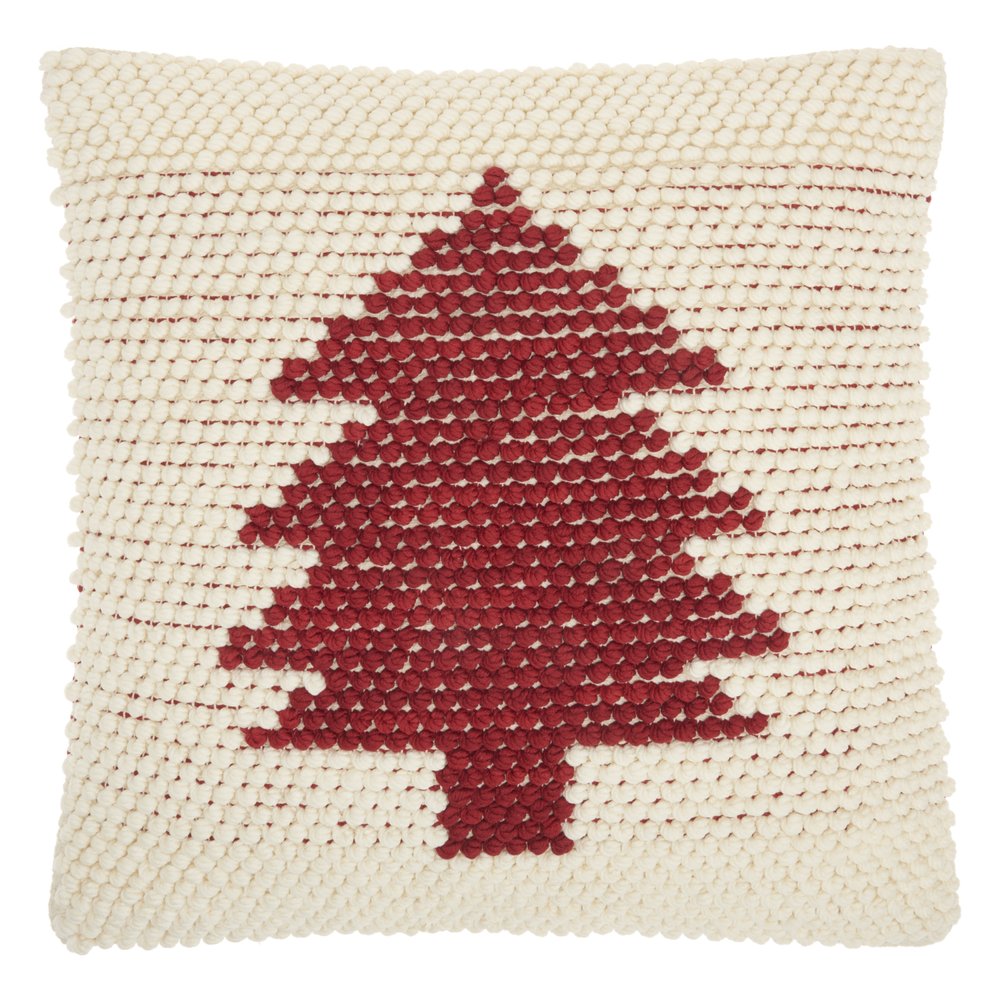 20" X 20" Ivory And Red Zippered Handmade Polyester Christmas Tree Throw Pillow