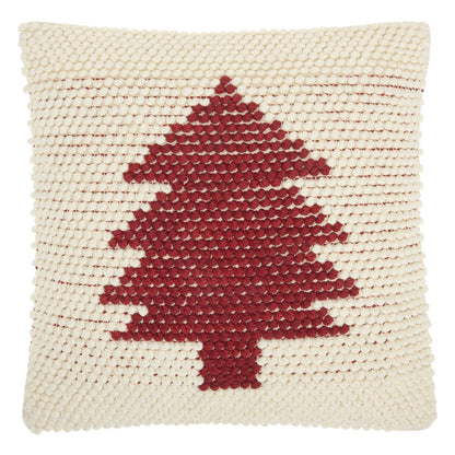 20" X 20" Ivory And Red Zippered Handmade Polyester Christmas Tree Throw Pillow