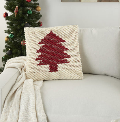 20" X 20" Ivory And Red Zippered Handmade Polyester Christmas Tree Throw Pillow