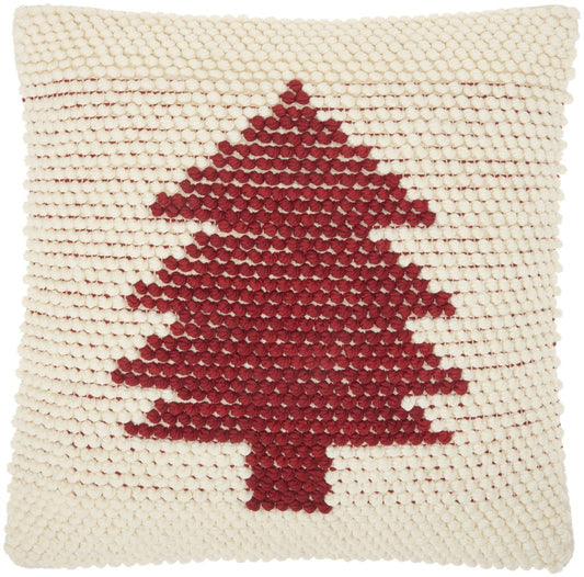 20" X 20" Ivory And Red Zippered Handmade Polyester Christmas Tree Throw Pillow