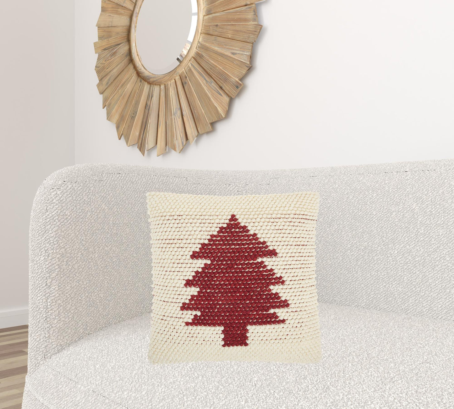 20" X 20" Ivory And Red Zippered Handmade Polyester Christmas Tree Throw Pillow