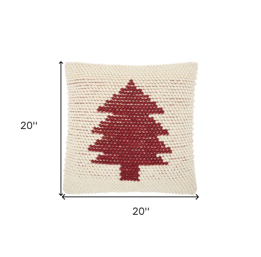 20" X 20" Ivory And Red Zippered Handmade Polyester Christmas Tree Throw Pillow