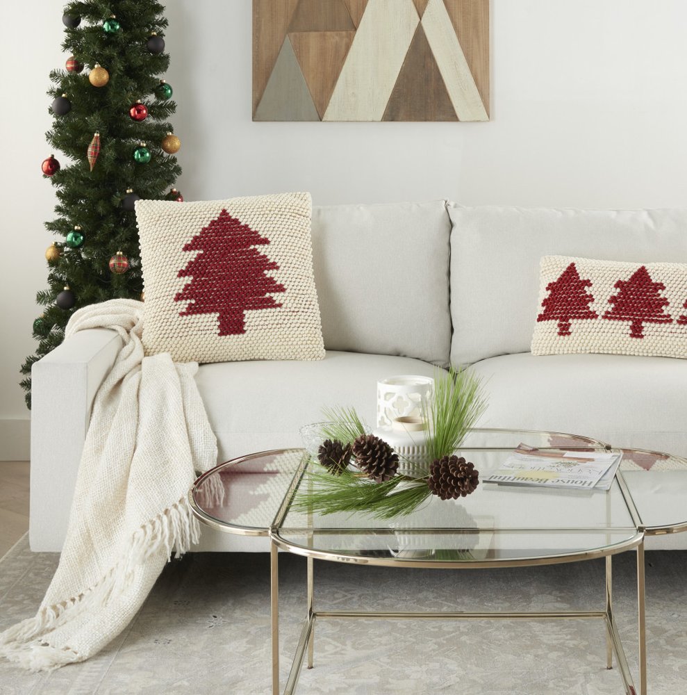 20" X 20" Ivory And Red Zippered Handmade Polyester Christmas Tree Throw Pillow