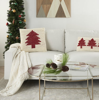 20" X 20" Ivory And Red Zippered Handmade Polyester Christmas Tree Throw Pillow