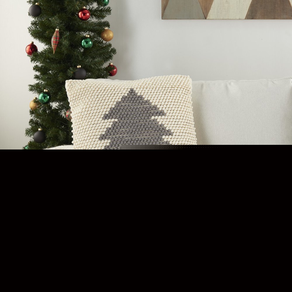 20" X 20" Ivory And Grey Zippered Handmade Polyester Christmas Tree Throw Pillow