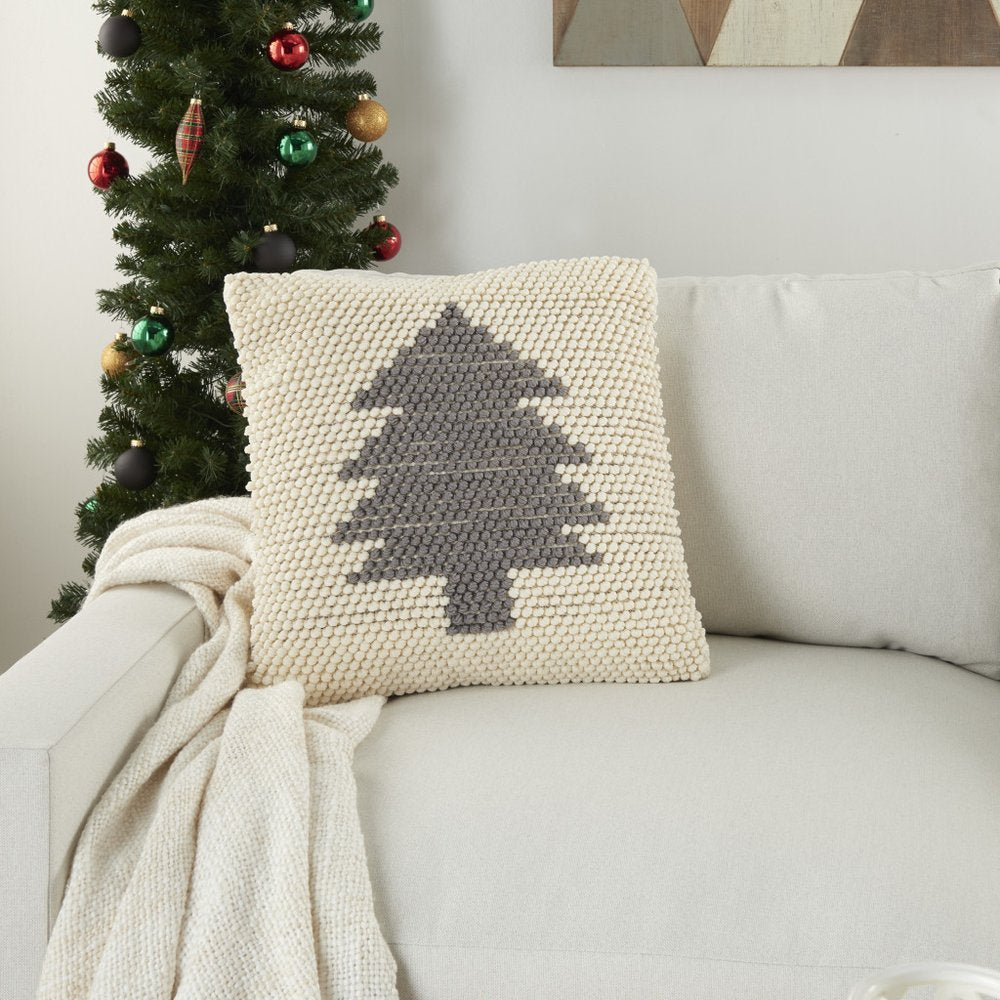 20" X 20" Ivory And Grey Zippered Handmade Polyester Christmas Tree Throw Pillow