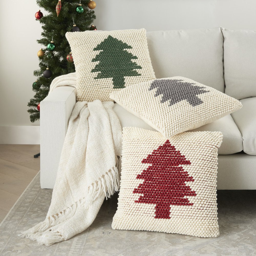 20" X 20" Ivory And Grey Zippered Handmade Polyester Christmas Tree Throw Pillow