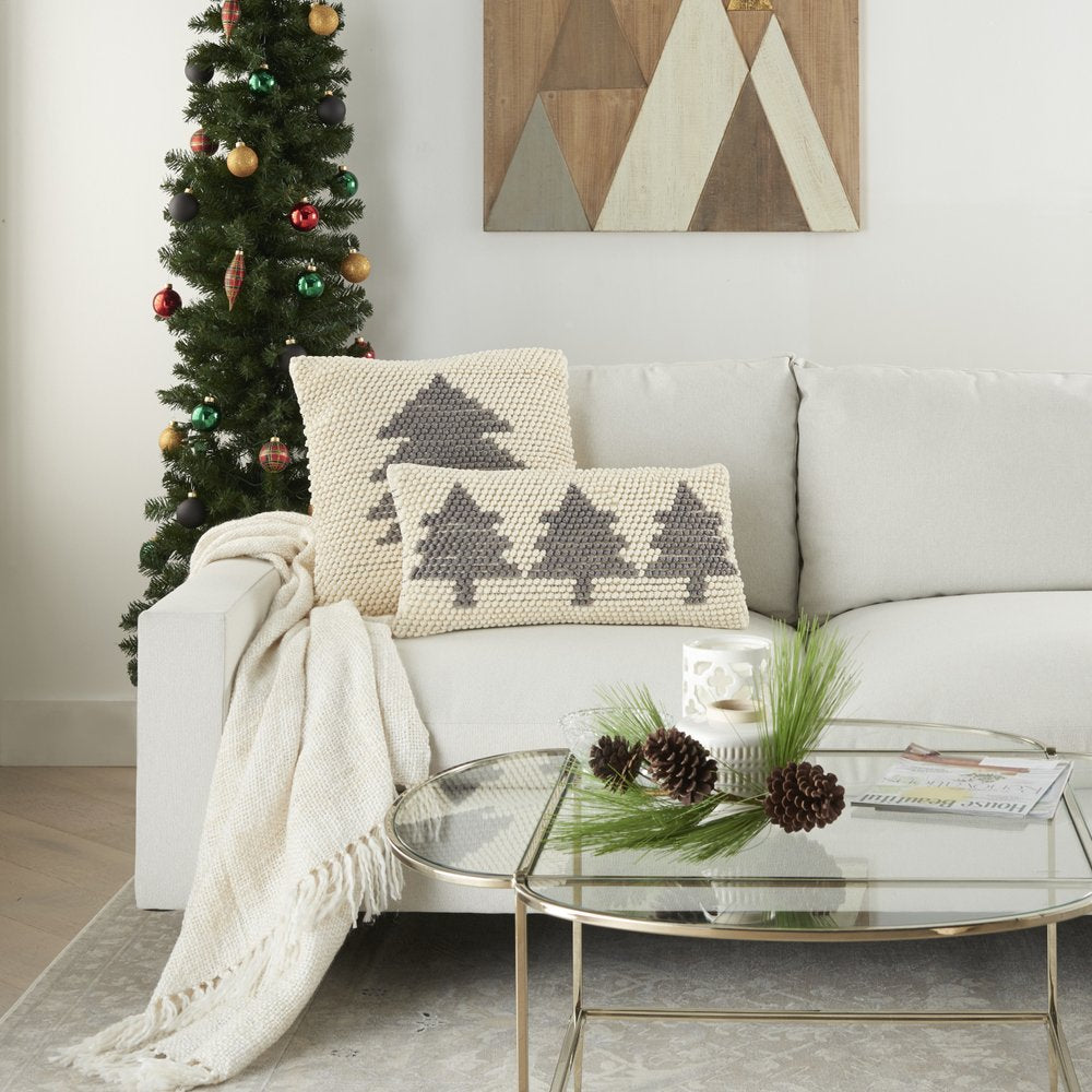 20" X 20" Ivory And Grey Zippered Handmade Polyester Christmas Tree Throw Pillow