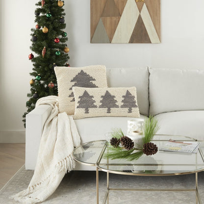 20" X 20" Ivory And Grey Zippered Handmade Polyester Christmas Tree Throw Pillow