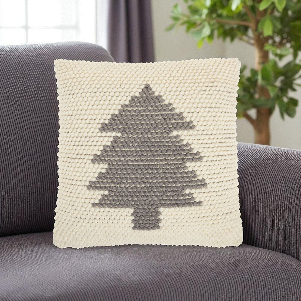 20" X 20" Ivory And Grey Zippered Handmade Polyester Christmas Tree Throw Pillow