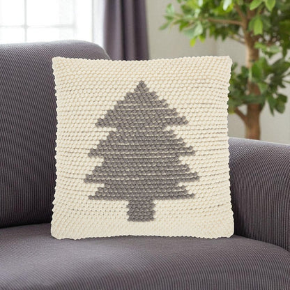 20" X 20" Ivory And Grey Zippered Handmade Polyester Christmas Tree Throw Pillow