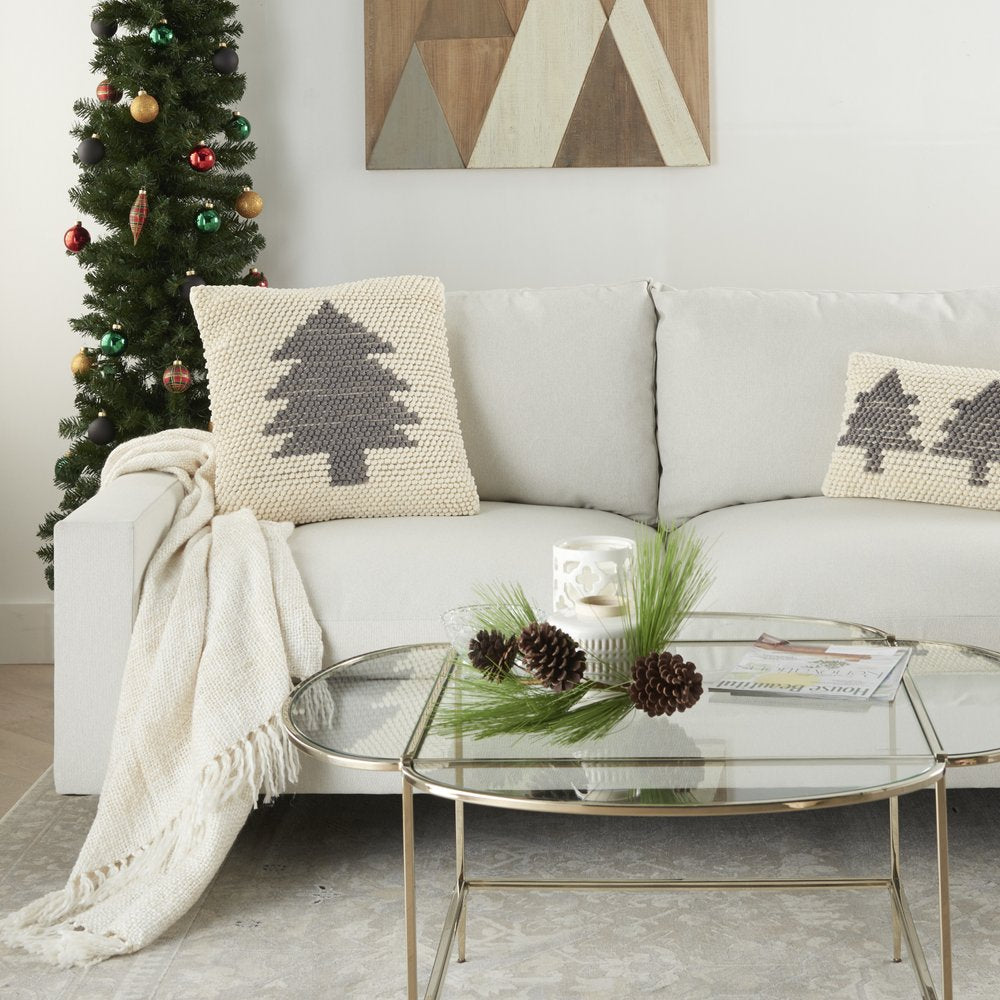 20" X 20" Ivory And Grey Zippered Handmade Polyester Christmas Tree Throw Pillow