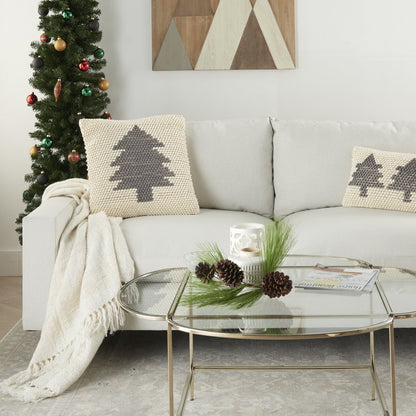 20" X 20" Ivory And Grey Zippered Handmade Polyester Christmas Tree Throw Pillow