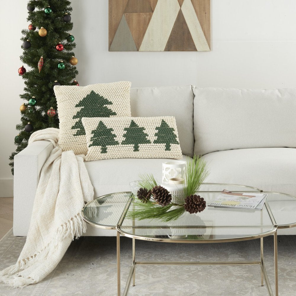 20" X 20" Green And Ivory Christmas Tree Textural Throw Pillow