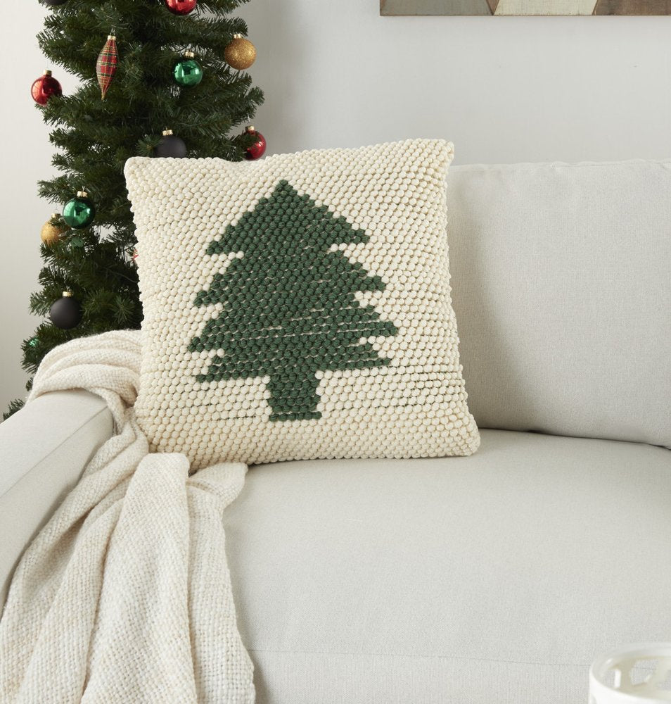 20" X 20" Green And Ivory Christmas Tree Textural Throw Pillow