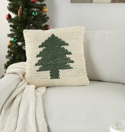 20" X 20" Green And Ivory Christmas Tree Textural Throw Pillow