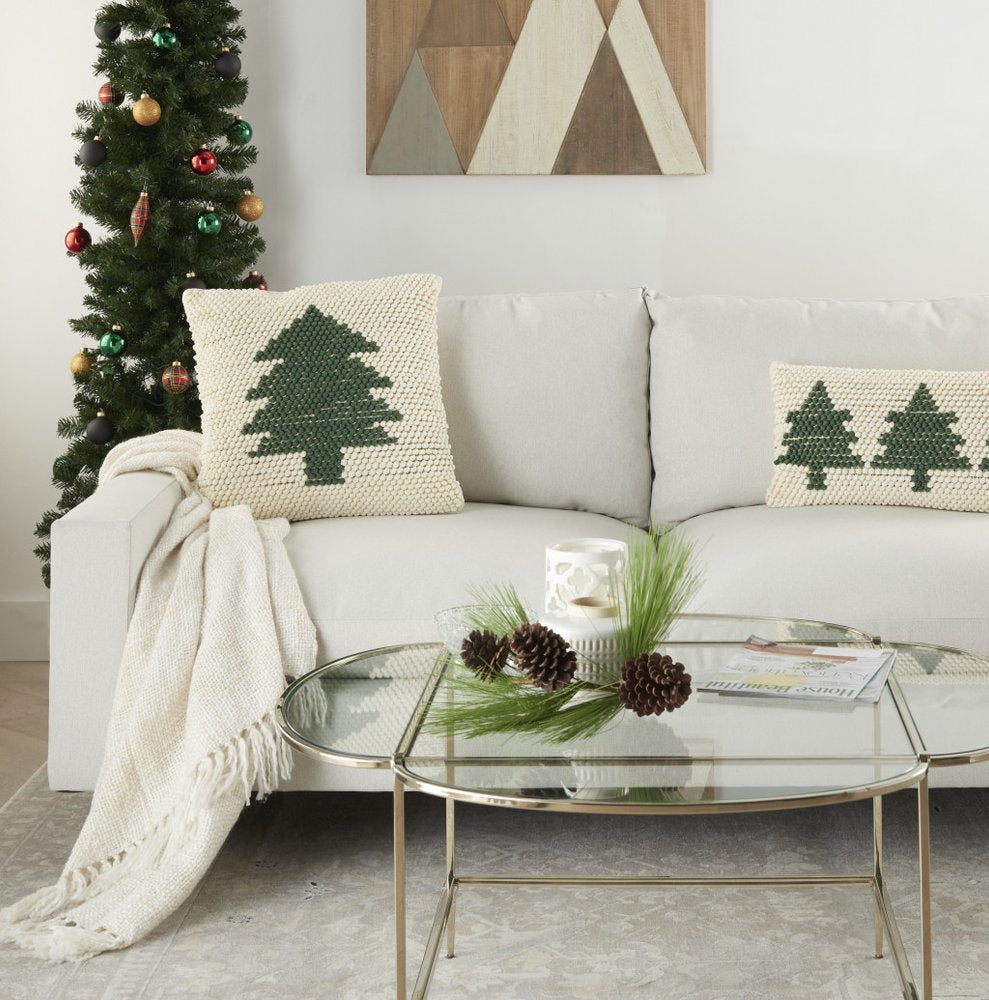 20" X 20" Green And Ivory Christmas Tree Textural Throw Pillow