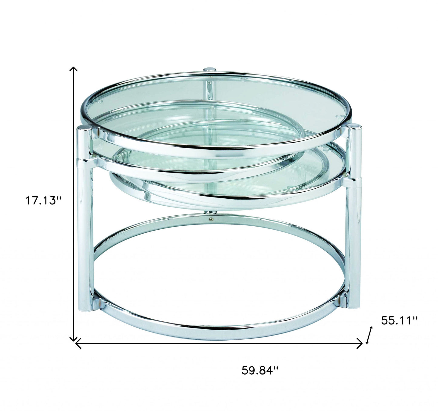 60" Clear And Silver Glass And Steel Round Nested Coffee Tables With Three Shelves