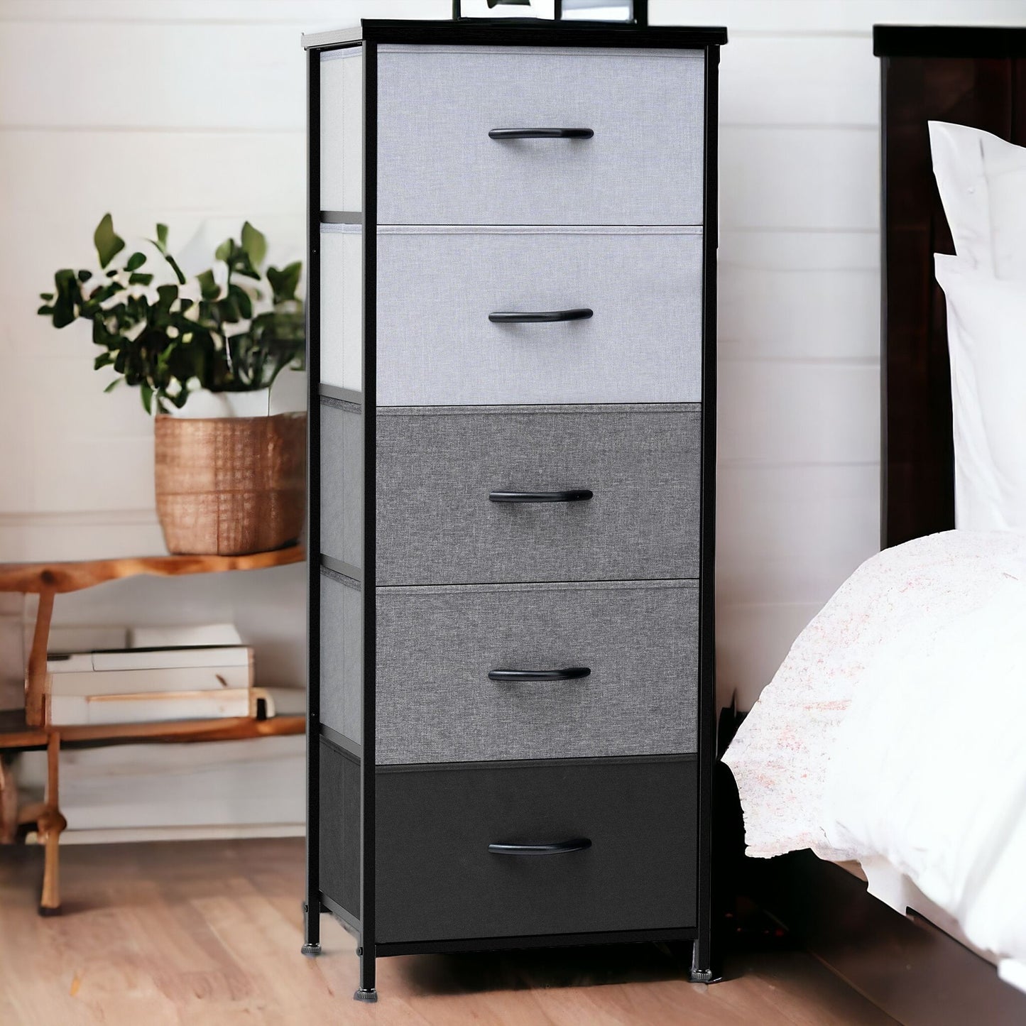 18" Gray and Black Steel and Fabric Five Drawer Chest