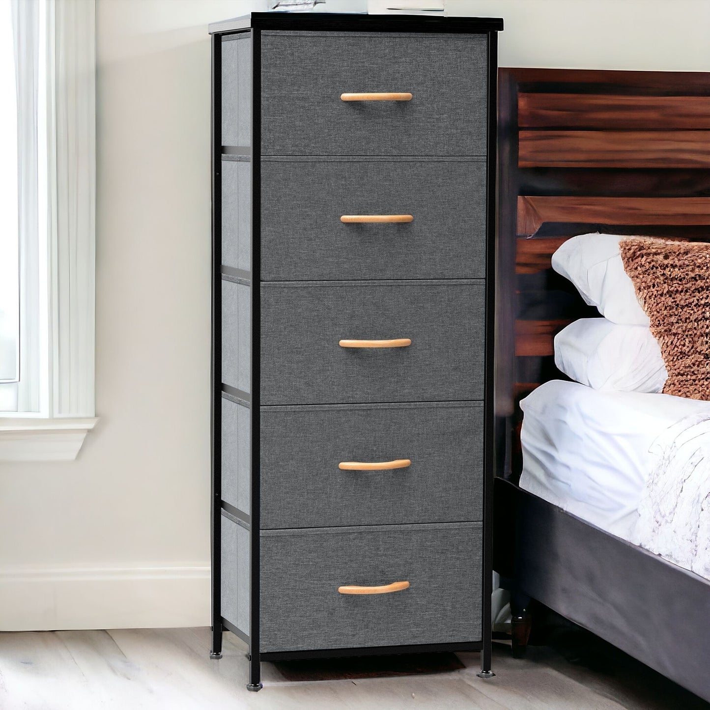 18" Gray and Black Steel and Fabric Five Drawer Chest