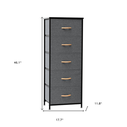 18" Gray And Black Steel And Fabric Five Drawer Dresser