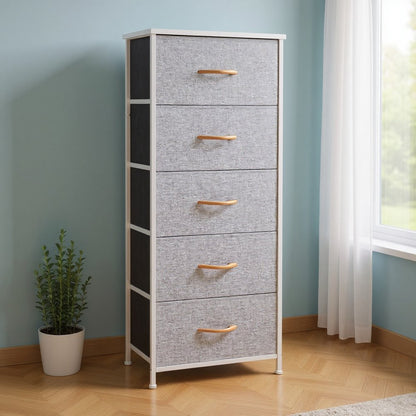 18" Gray and White Steel and Fabric Five Drawer Chest