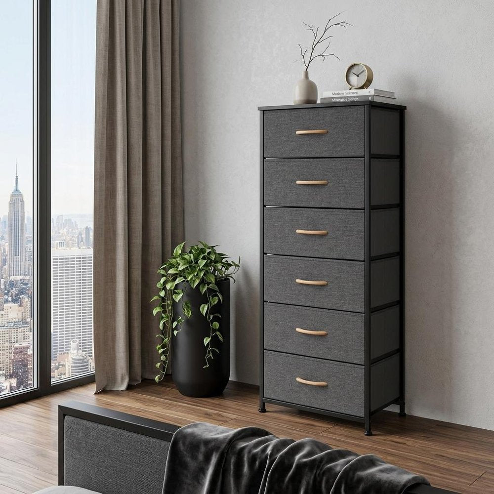 Set Of Six 18" Black And Gray Fabric and Steel Six Drawer Dresser