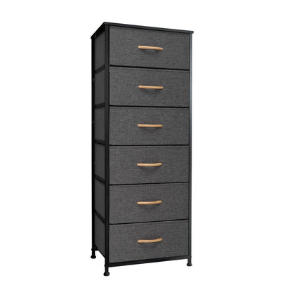 18" Gray And Black Steel And Fabric Six Drawer Dresser